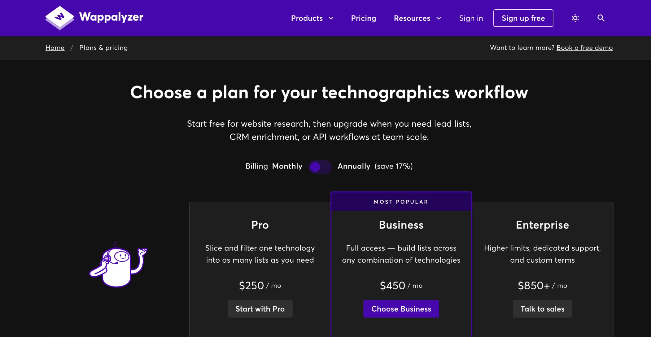 Wappalyzer's pricing page: Pro $250 a month, Business $450, Enterprise from $850